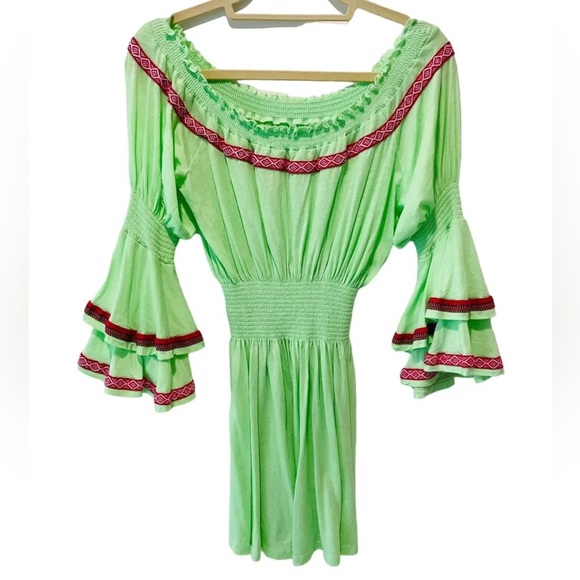Pitusa Other - Pitusa Off Shoulder Mini Dress Cover Up Green Pink Boho Trim Bell Sleeves
